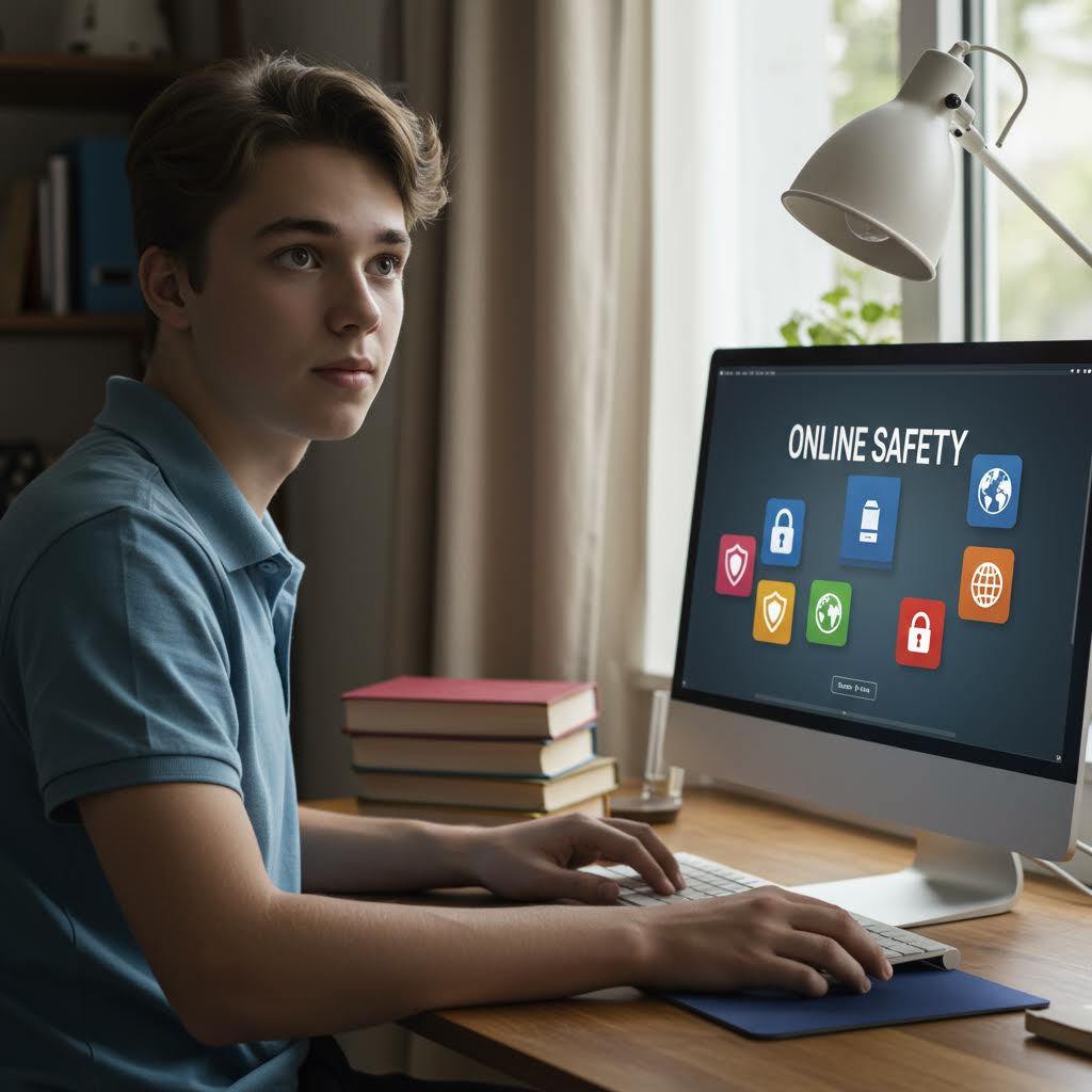 컴퓨터 앞에 앉은 청소년이 온라인 안전 수칙을 확인하며 개인정보 보호를 실천하는 모습