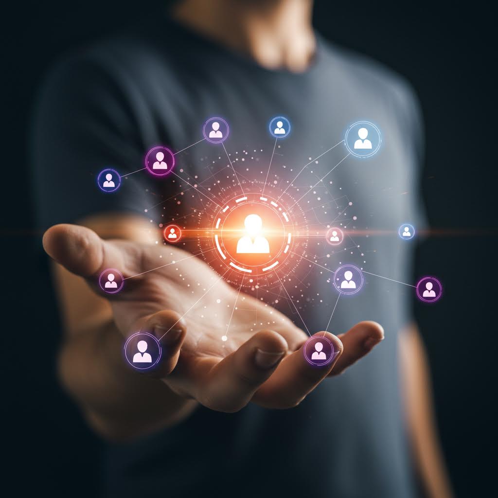 인물의 손에서 확장되는 디지털 네트워크가 온카스터디의 협력적 철학을 드러내는 인상