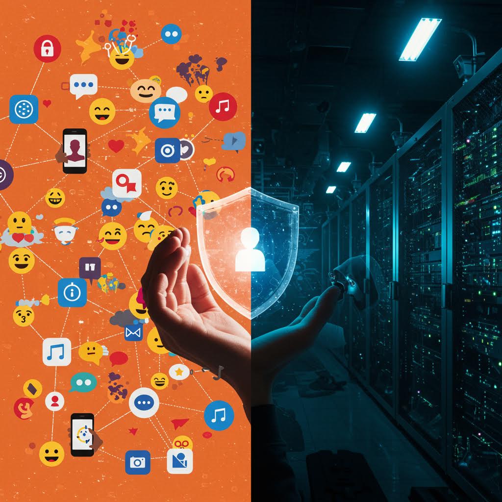 사람의 손이 데이터와 서버를 동시에 감싸듯 위치하며 개인정보 보호의 중요성을 상징적으로 표현한 이미지