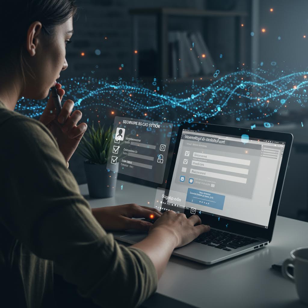 노트북 화면 앞에 앉은 인물이 떠오르는 가상 창을 바라보며 접속 절차를 확인하는 장면