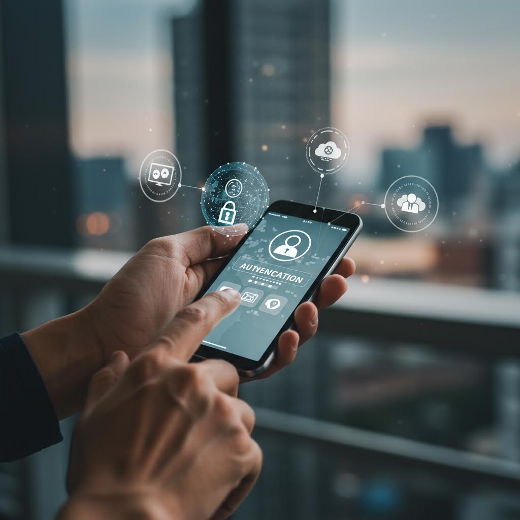 손에 쥔 스마트폰 화면에서 인증 아이콘이 빛나며 온카스터디의 보안 검증 절차를 연상시키는 장면