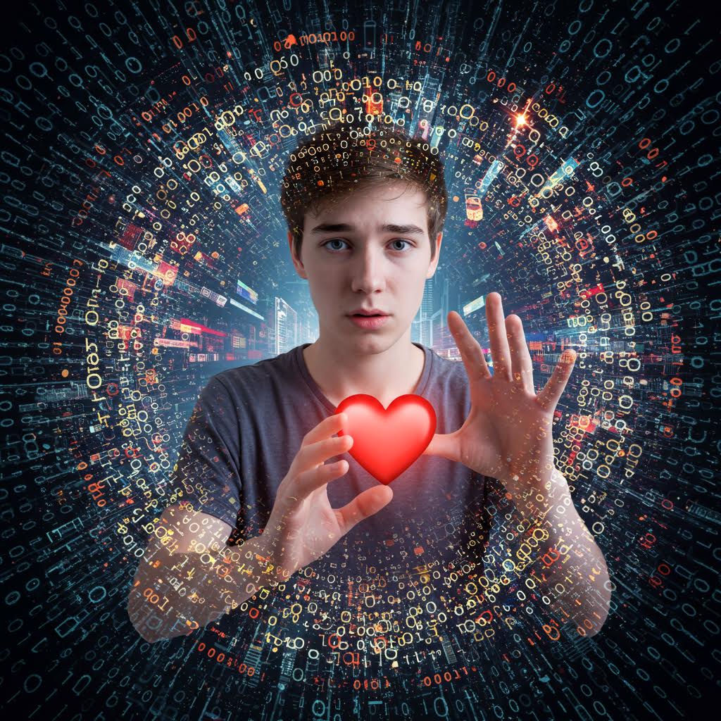 가상 공간 속에서 붉은 심장이 강조되고 이를 지키려는 사람의 모습이 데이터 보호와 프라이버시 위협을 상징하는 장면