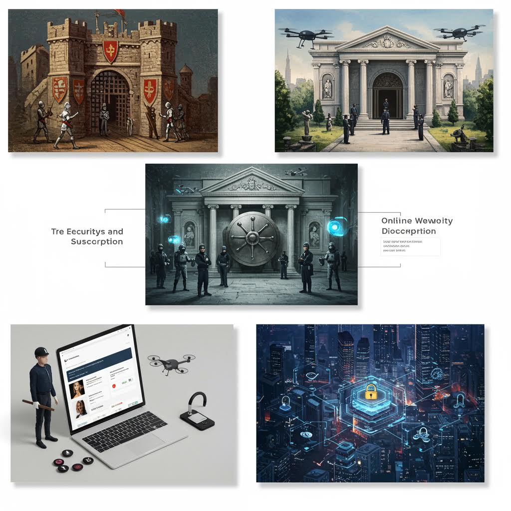 성벽과 금고, 드론 감시가 결합된 다양한 보안 장치 이미지가 배열된 장면, 이는 온카스터디의 안정적 서비스 운영을 연상시키는 은유적 표현