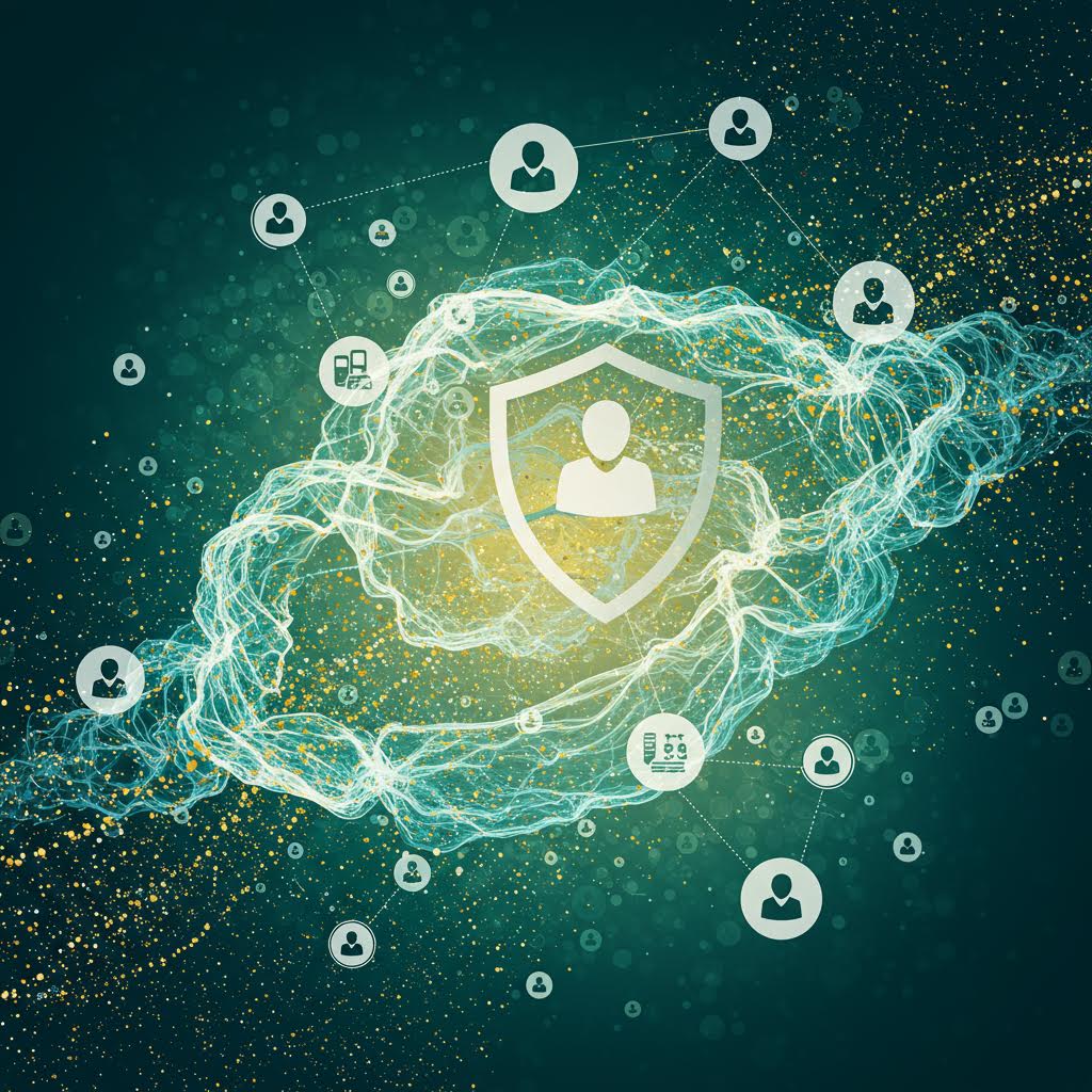 연결된 사람 아이콘들이 온카스터디 기술을 통해 표현한 온라인 신뢰 네트워크