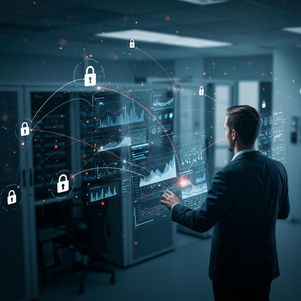 서버실에서 보안 장치를 확인하는 인물이 온카스터디를 포함한 신뢰 기반 보안 체계를 상징하는 이미지