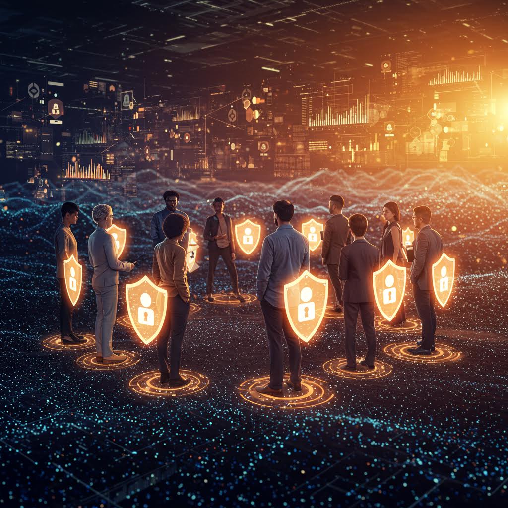 미래형 가상 공간에서 협업하는 인물들이 보안 네트워크로 연결되어 온카스터디의 검증 운영을 환기하는 풍경