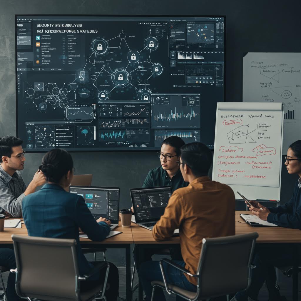 보안 분석 화면을 바라보며 회의하는 사람들의 모습이 온카스터디와 결합된 위험 대응 전략을 보여주는 장면