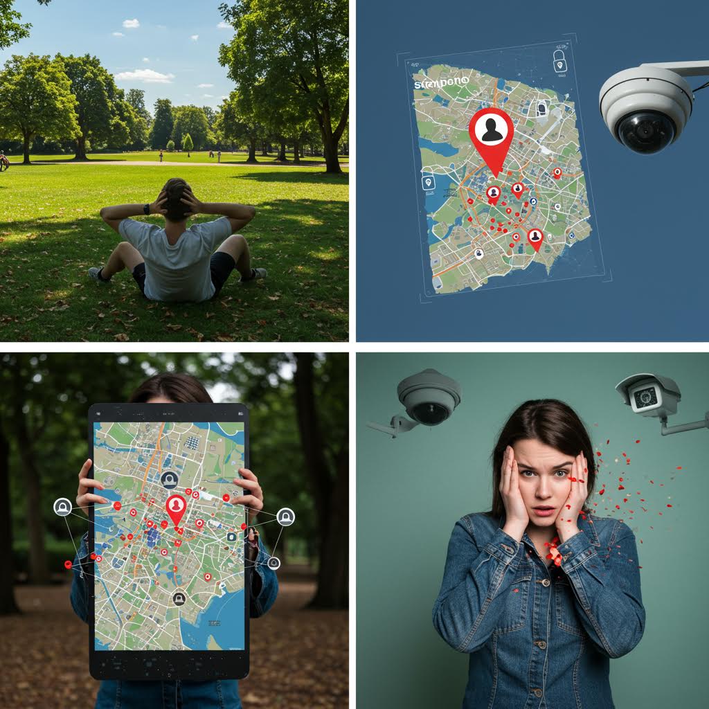 지도 위에 찍힌 위치 아이콘과 감시 카메라의 시선이 겹쳐지며 온카스터디를 연상케 하는 보안의 긴장감이 드러나는 장면