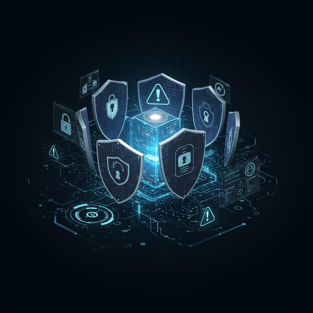 여러 겹의 보안 방패가 데이터를 둘러싼 모습은 온카스터디가 강조하는 지속적 안전 관리 체계를 은유한다