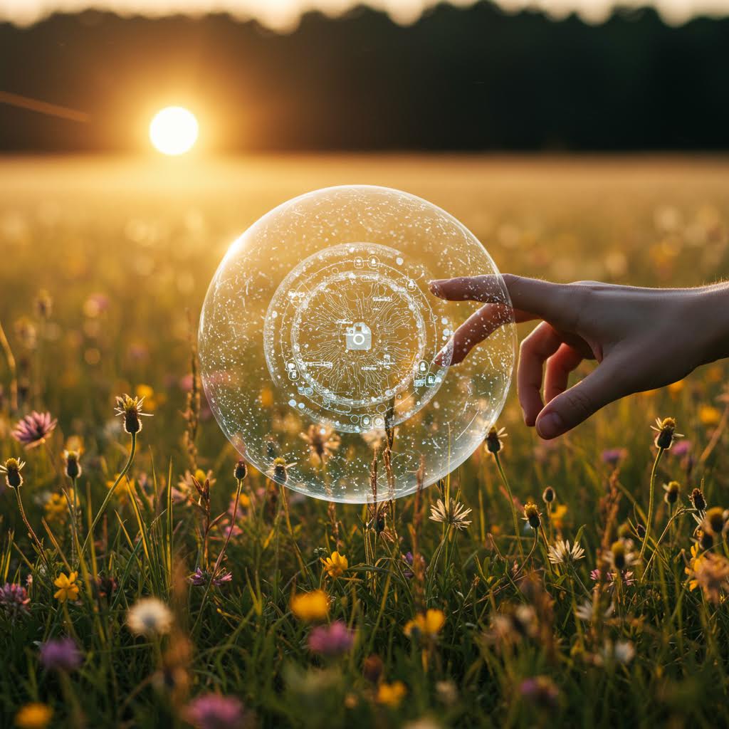 황금빛 일몰 아래 야생화가 만발한 들판에서 디지털 네트워크 아이콘이 표시된 크리스탈 볼을 들고 있는 모습