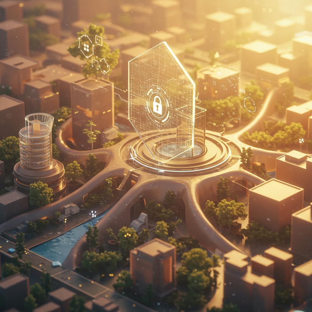 황금빛 도시의 중심에 떠오른 자물쇠 모양의 투명한 구조물이 보안의 상징처럼 빛나는 장면