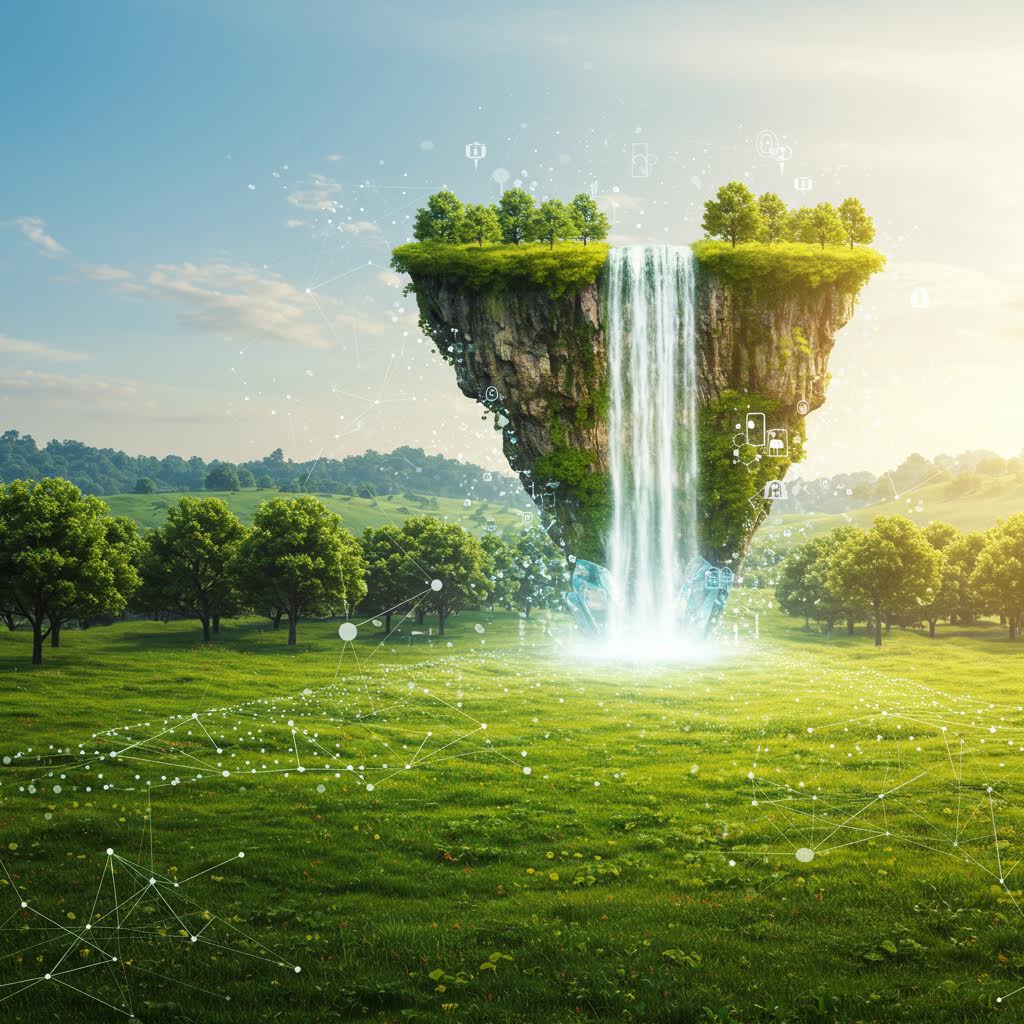 초록빛 푸른 초원 위에 떠 있는 거대한 섬 형태의 폭포 절벽. 섬 위에는 나무가 자라고 폭포가 쏟아지며, 주변 공중과 지면에 디지털 아이콘과 네트워크 선이 떠 있어 자연과 기술의 조화를 상징하는 판타지적 이미지.