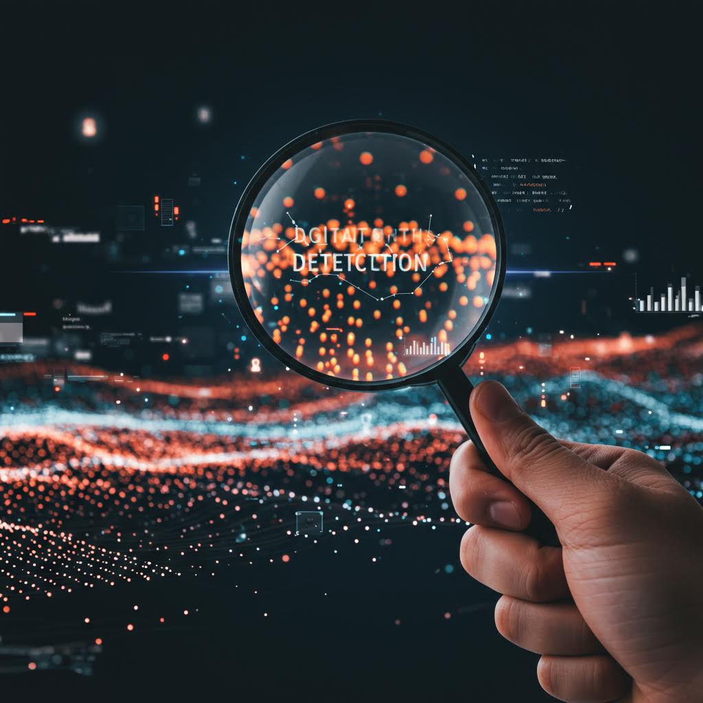어두운 배경 속 손에 든 돋보기 렌즈 안으로 'DIGITAL DETECTION'이라는 문구와 빛나는 데이터 포인트 네트워크가 확대되어 보이는 장면. 배경에는 그래프와 코드, 홀로그램 같은 디지털 요소가 흐르며 데이터 탐지 및 분석 개념을 표현.