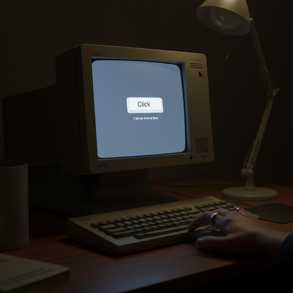 어두운 방 안에서 오래된 컴퓨터 화면에 ‘Click’ 버튼이 표시된 장면으로, 온카스터디의 디지털 인터페이스 발전과 사용자 경험의 변화를 상징한다.