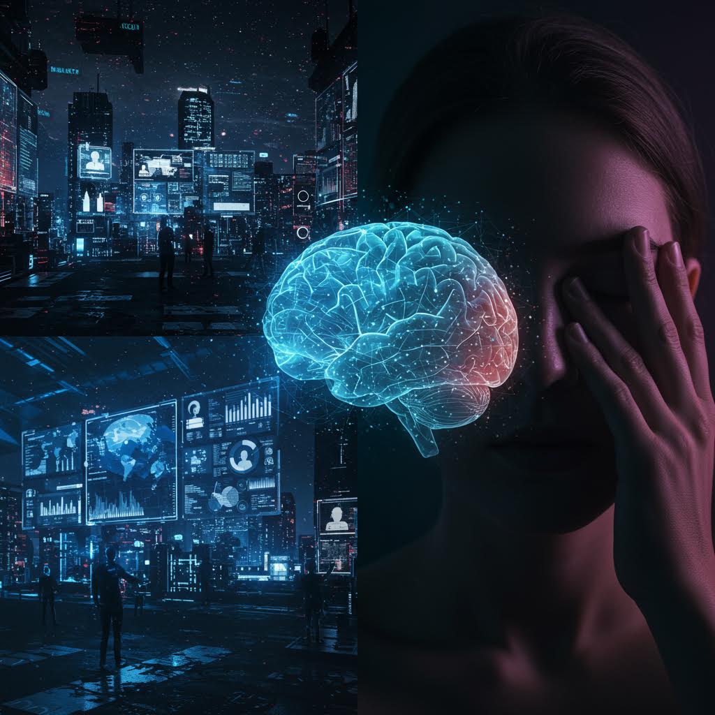 도시의 어둠 속에서 푸른 데이터 패널이 빛나며 인간의 사고를 시각화한 듯한 장면