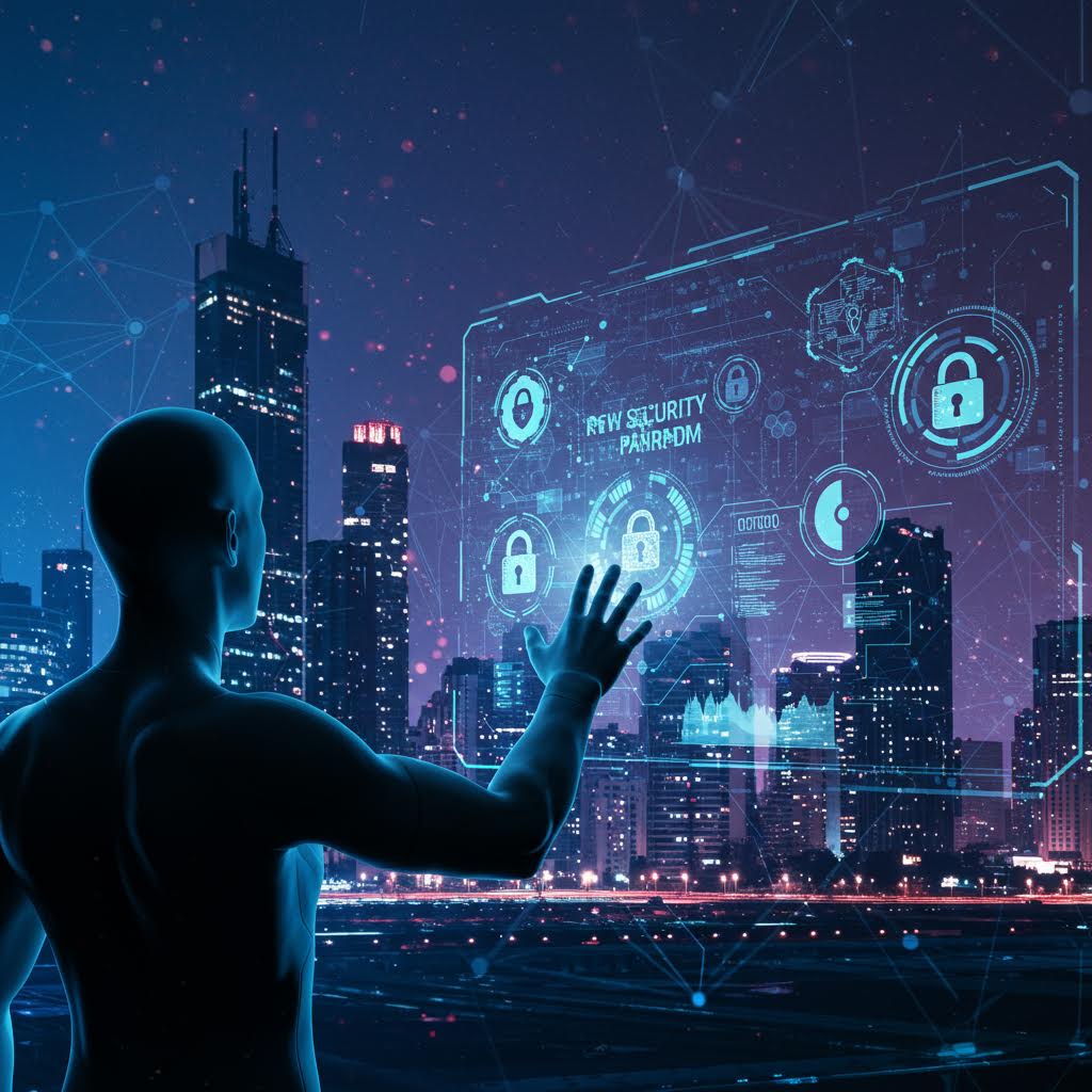 도시의 불빛 사이로 떠오른 보안 인터페이스에 손을 내밀며 온카스터디의 확실성이 번지는 장면