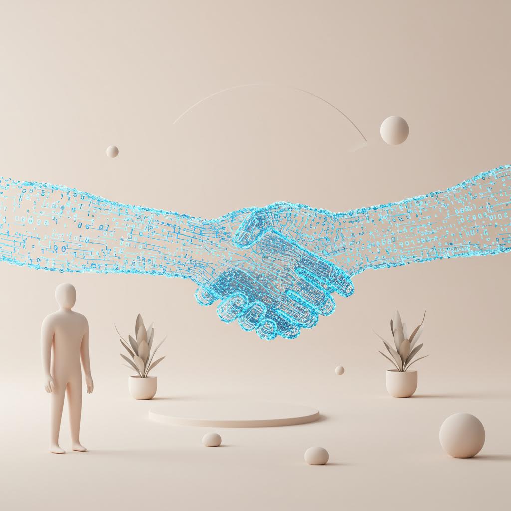 디지털 데이터로 형성된 두 손이 악수하는 장면으로, 온카스터디의 인간 중심 기술 협력과 신뢰 기반 네트워크를 상징한다.