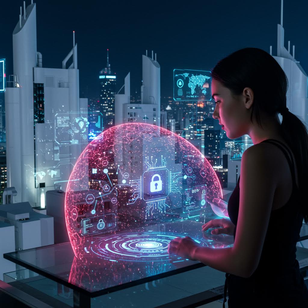 디지털 도시를 배경으로 사이버 보안 인터페이스를 조작하는 여성, 온카스터디의 데이터 보호 시스템을 시각화한 이미지