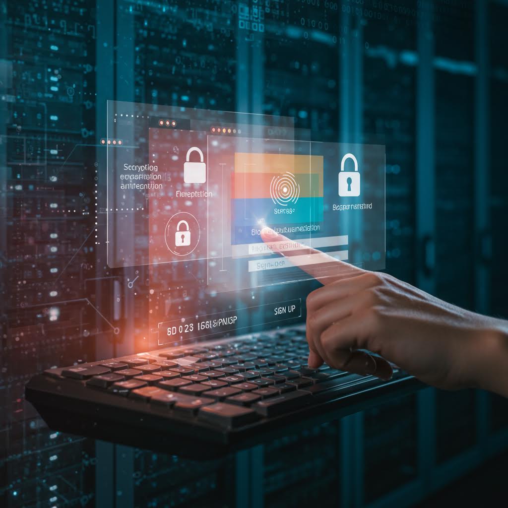 지문 인식과 보안 잠금 아이콘이 표시된 홀로그램 화면을 조작하는 장면으로, 온카스터디의 생체인증 기반 데이터 보안 기술을 보여준다.