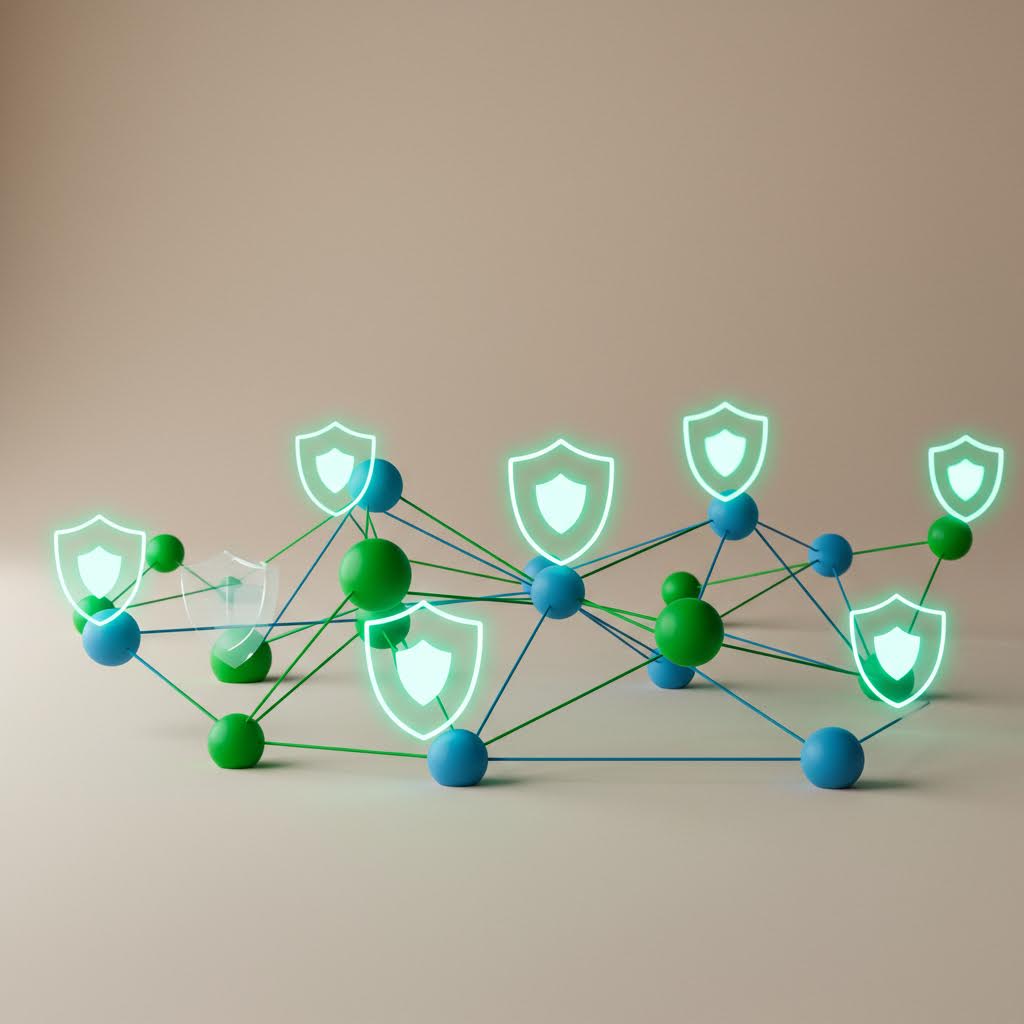 빛나는 방패 아이콘들이 네트워크 위에 연결되어 서로 보호하는 구조가 나타나며 보안 해석 속에 온카스터디가 스며든 장면