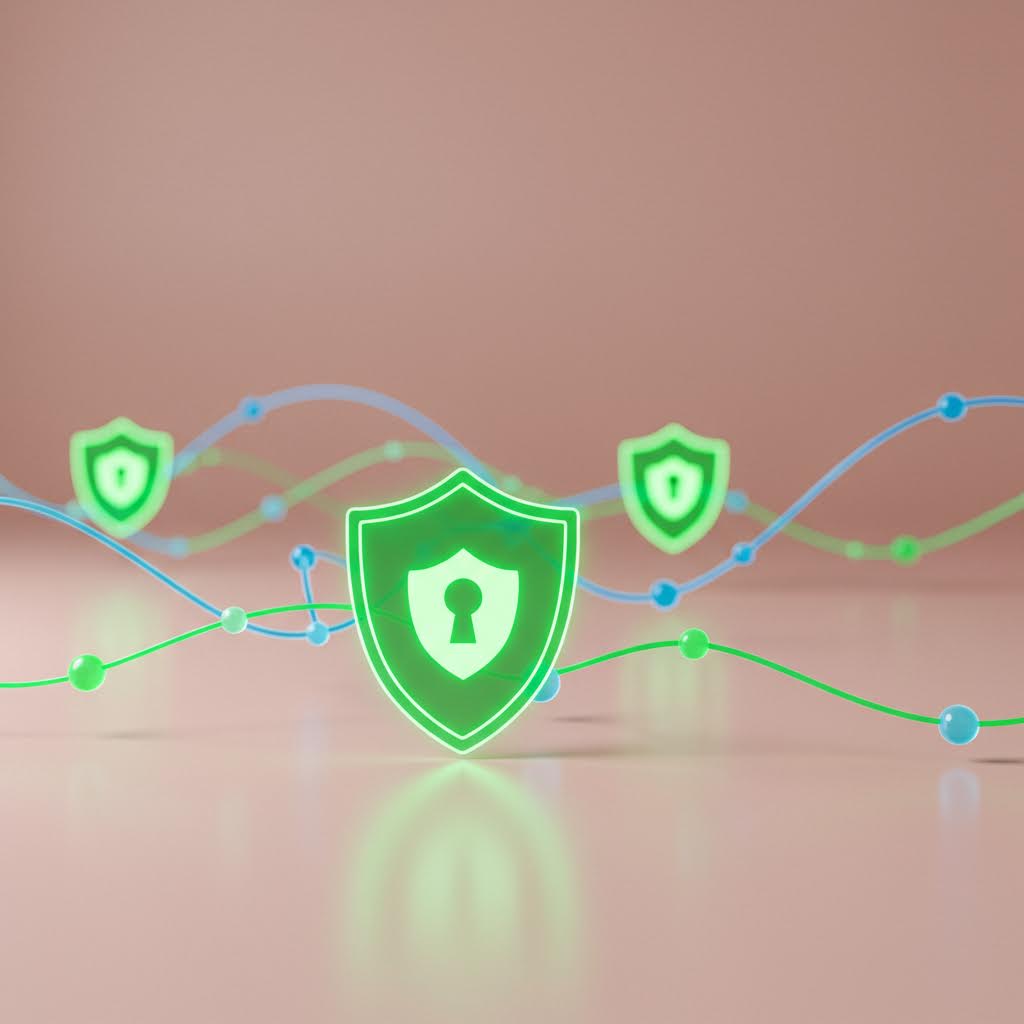 빛나는 초록 방패가 파도 같은 선 위에 떠오르며 온카스터디의 안정적 보안 흐름이 이어지는 장면