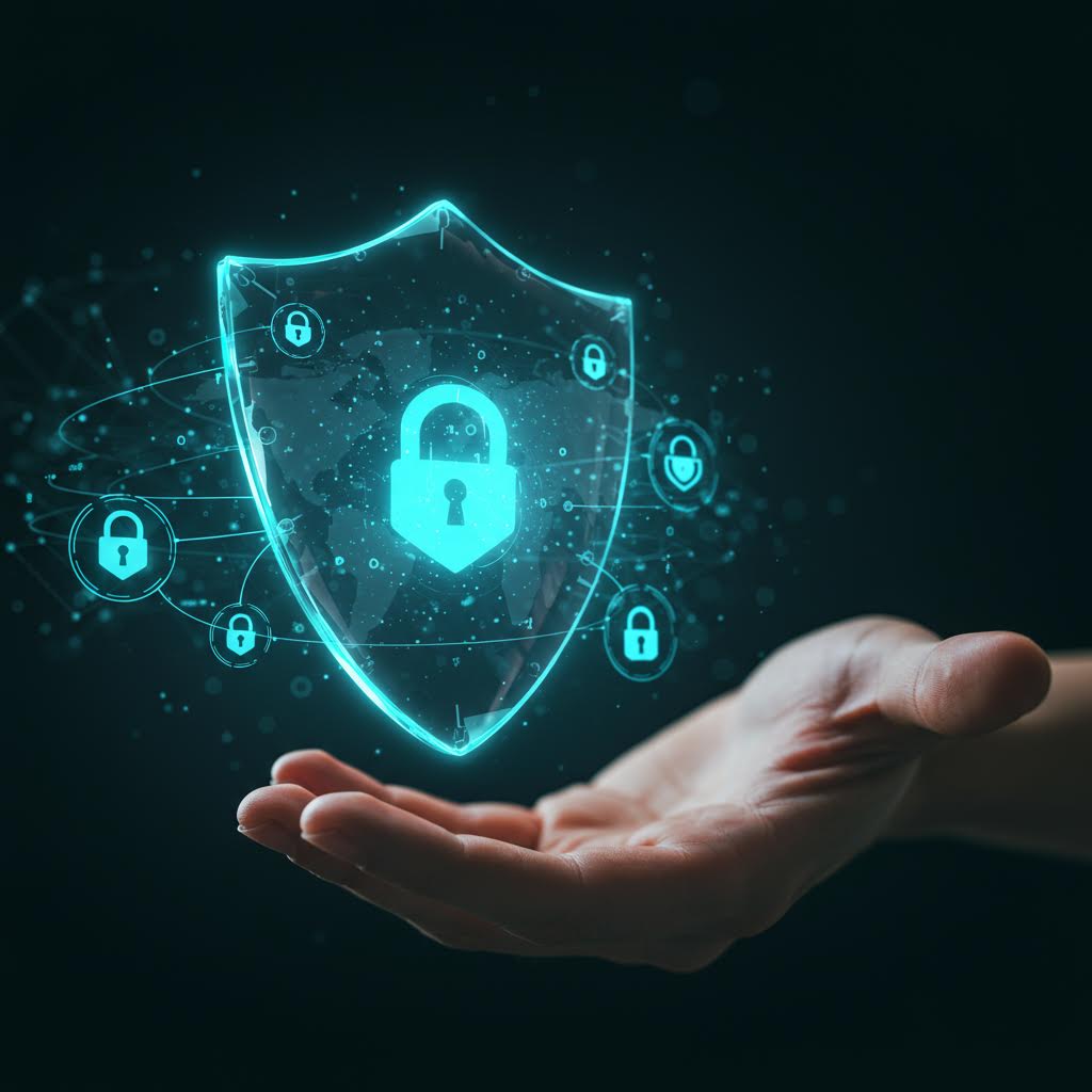 빛나는 보호막 속 자물쇠 문양이 온카스터디의 안전한 검토를 닮은 순간