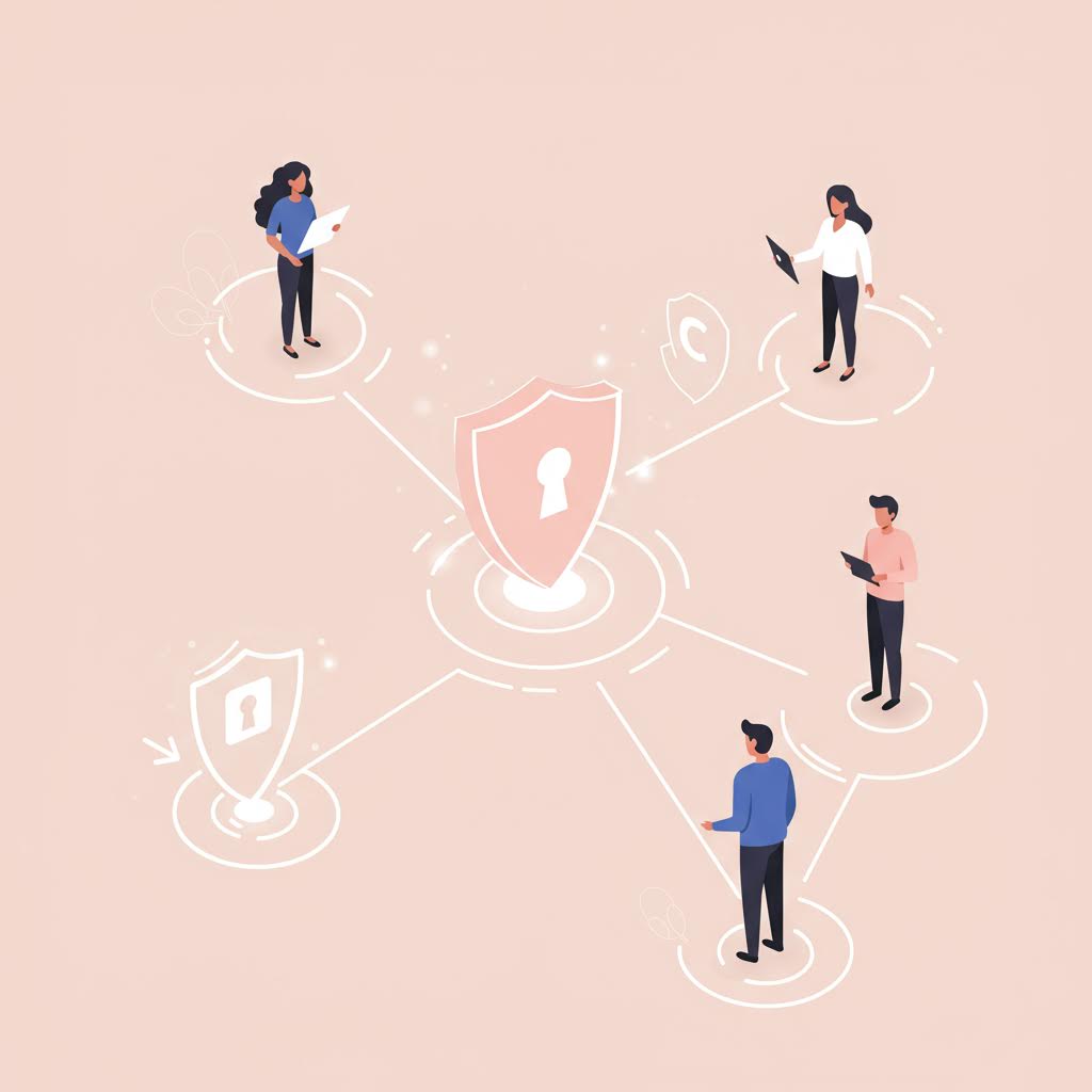 중앙의 자물쇠 방패가 빛나며 온카스터디의 보안 네트워크가 사람들을 연결하는 흐름