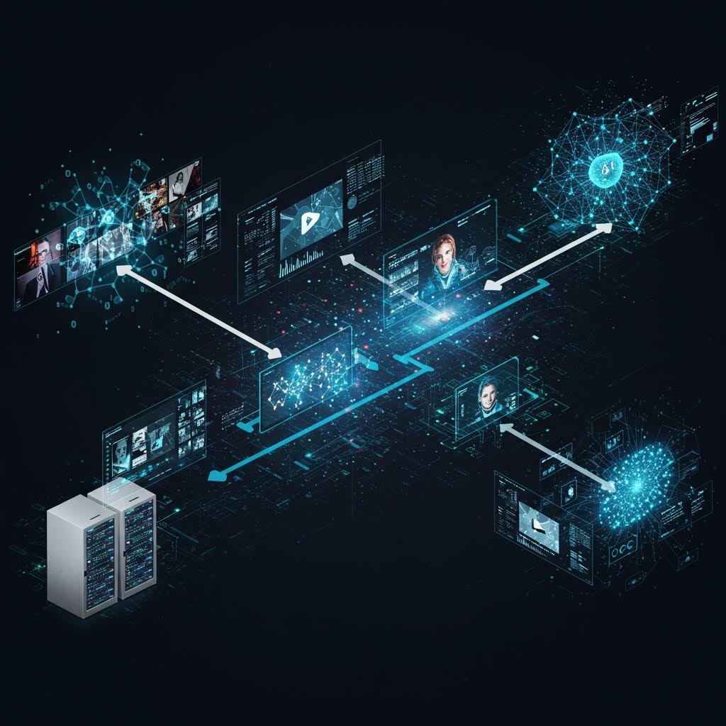 온카스터디의 실시간 영상 검증 시스템. 서버에서 시작해 AI 네트워크를 거쳐 얼굴 인식, 콘텐츠 분석, 최종 검증까지 연결된 디지털 파이프라인을 시각화했습니다.