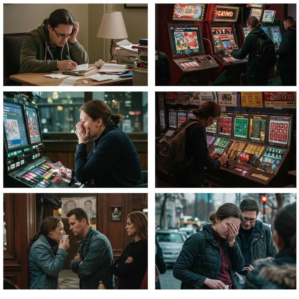 밝은 조명 아래 다양한 슬롯 기계 패널을 바라보는 인물들과 대화를 나누는 장면이 교차된 흐름
