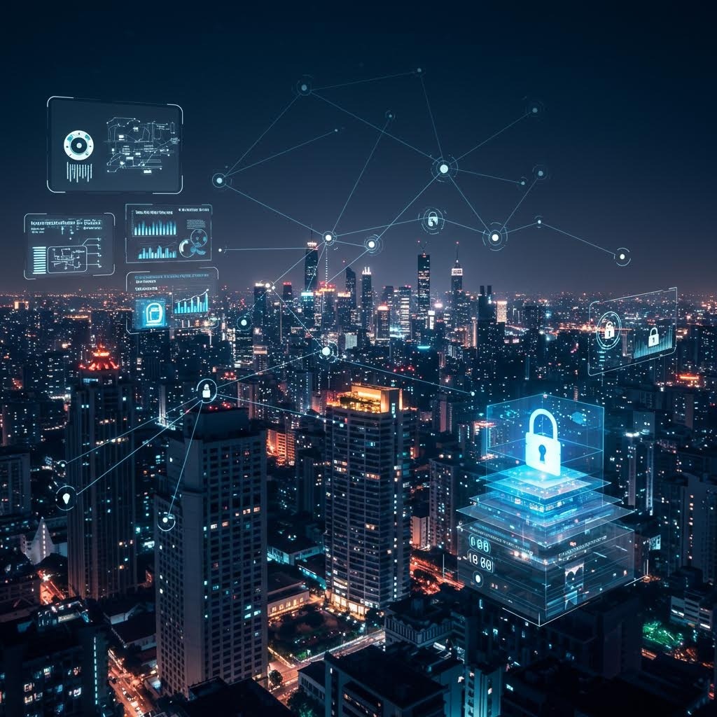 온카스터디의 스마트 시티 보안 네트워크. 야경 도시 위에 잠금, 서버, 그래프, CCTV 아이콘들이 홀로그램으로 연결되어 통합 감시 시스템을 보여줍니다.