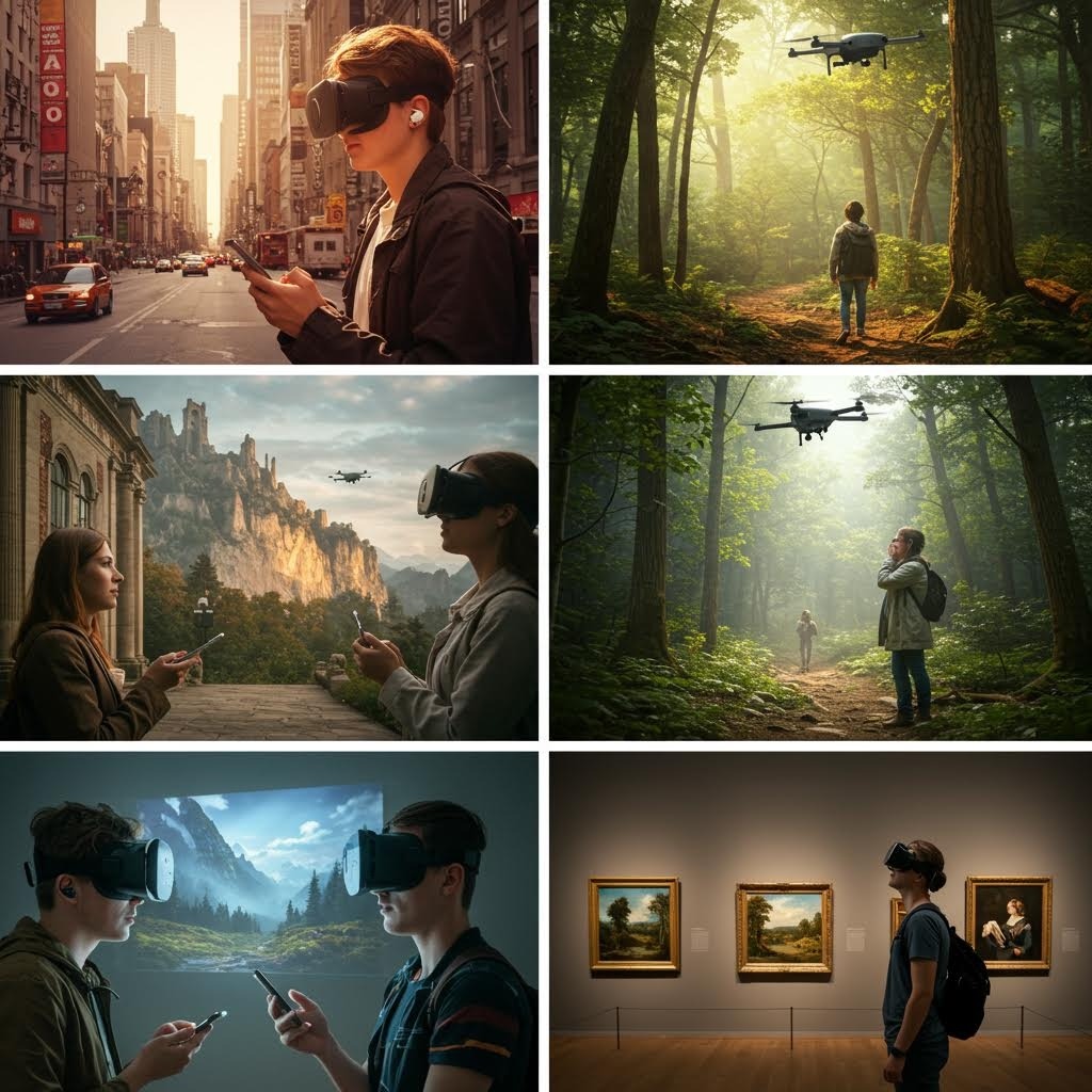 도시와 숲속에서 VR 헤드셋과 드론을 활용한 미래형 메타버스 체험을 하는 사람들