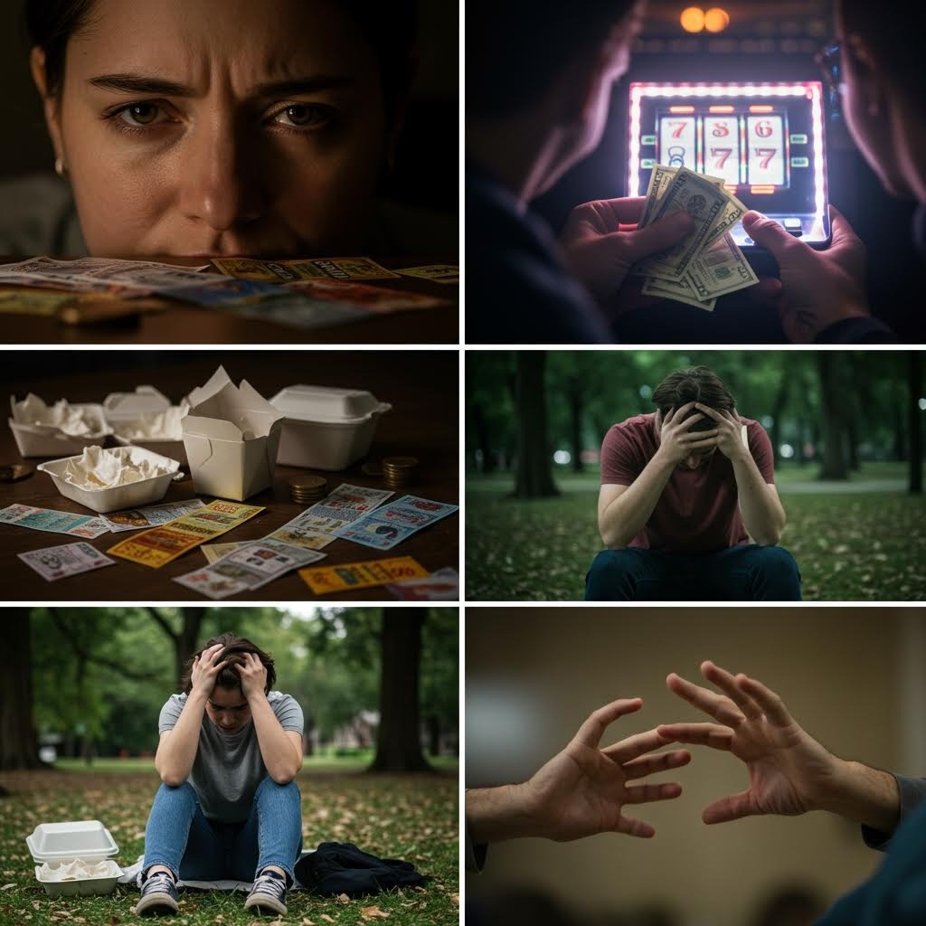 지폐를 움켜쥔 손, 슬롯머신 앞 좌절한 표정 등 도박 중독으로 인한 재정적 정서적 고통을 보여주는 장면들