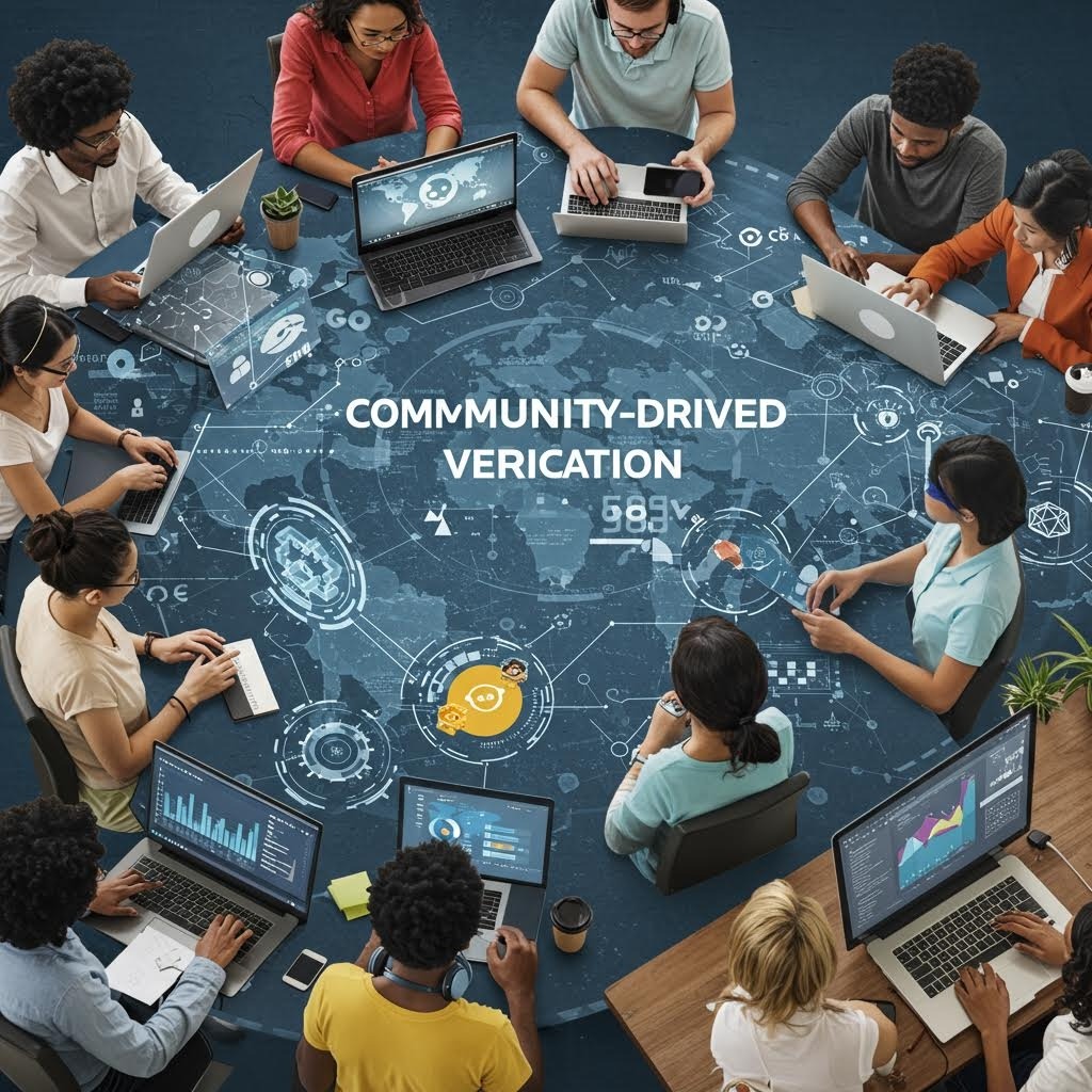 온카스터디의 커뮤니티 주도 검증(COMMUNITY-DRIVEN VERIFICATION). 원형 테이블에 모인 사람들이 노트북과 태블릿으로 세계 지도 기반 실시간 검증 작업을 수행합니다.