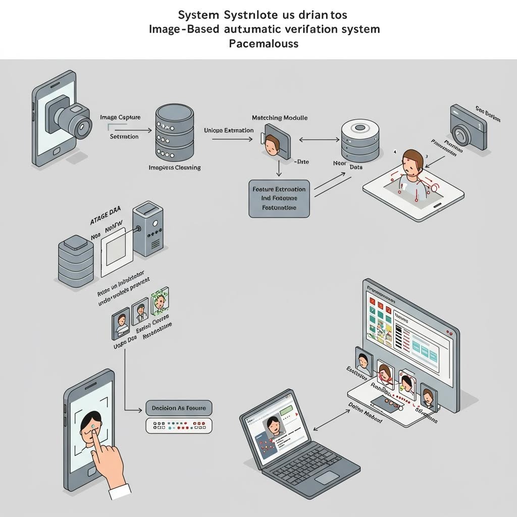 얼굴 인식 자동 검증 시스템(Pacemalous) 흐름도. 이미지 캡처 → 특징 추출 → 매칭 → 결정까지의 전 과정을 다이어그램으로 표현했습니다.