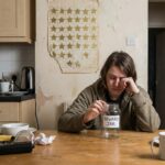 빈 보상 병을 바라보며 지친 표정의 사람이 벽의 빛바랜 금별 차트 앞에 서 있습니다.