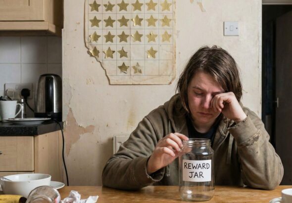 빈 보상 병을 바라보며 지친 표정의 사람이 벽의 빛바랜 금별 차트 앞에 서 있습니다.