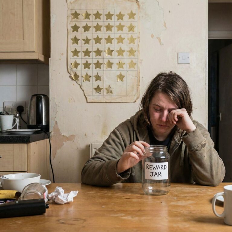 빈 보상 병을 바라보며 지친 표정의 사람이 벽의 빛바랜 금별 차트 앞에 서 있습니다.