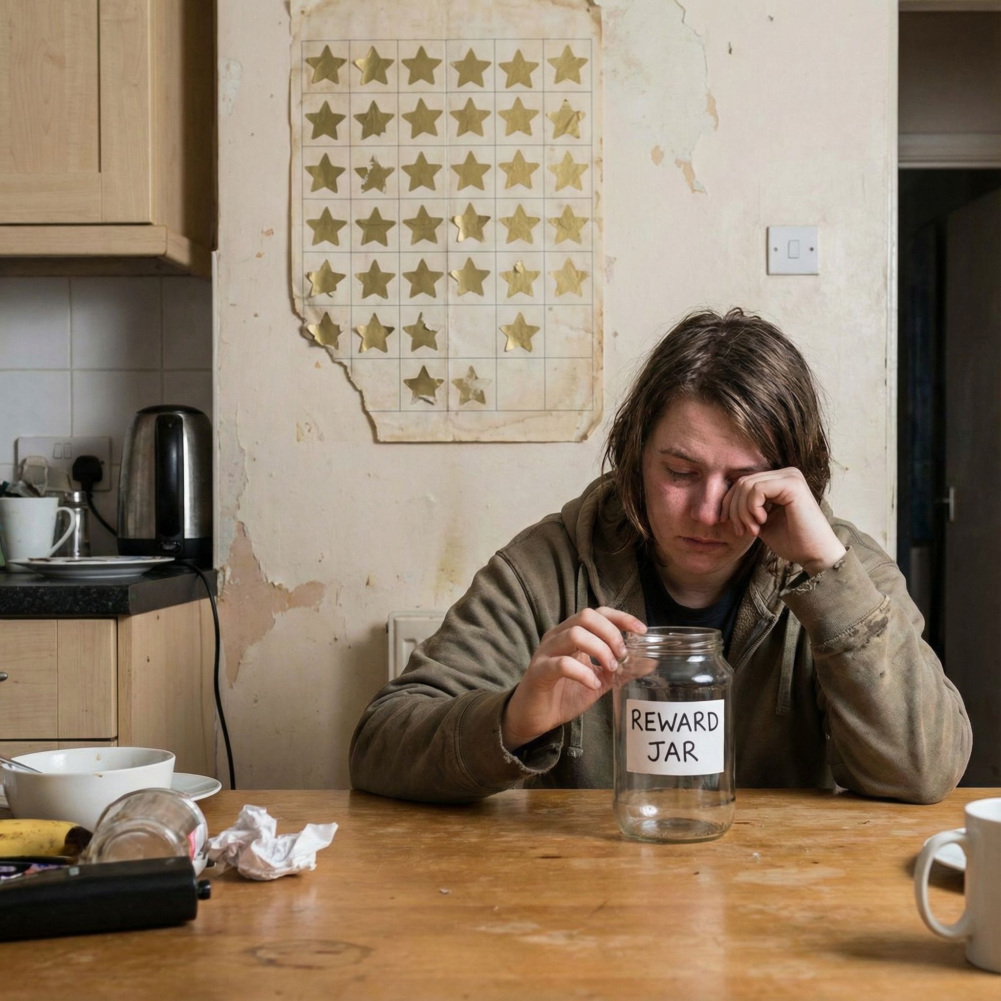 빈 보상 병을 바라보며 지친 표정의 사람이 벽의 빛바랜 금별 차트 앞에 서 있습니다.