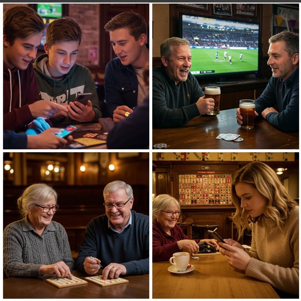 펍에서 스마트폰 게임, 축구 시청, 보드게임을 즐기며 여가를 보내는 다양한 연령대의 사람들