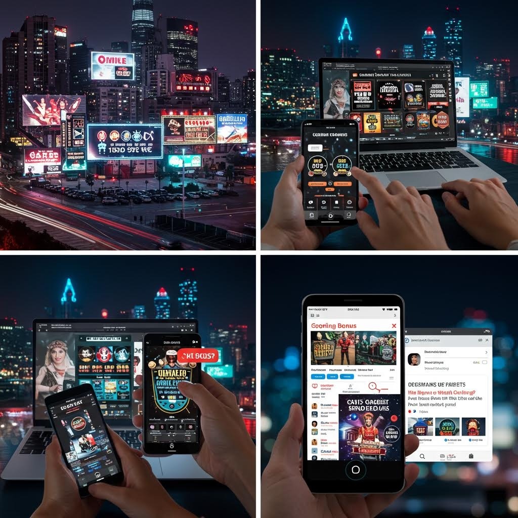 도심 야경을 배경으로 노트북과 스마트폰으로 온라인 카지노 게임을 즐기는 다양한 장면 모음