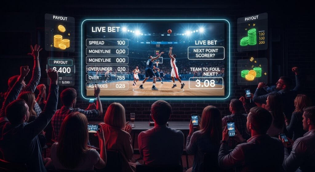 관중들이 스마트폰으로 실시간 배팅 정보를 확인하며 농구 경기를 관람하는 장면