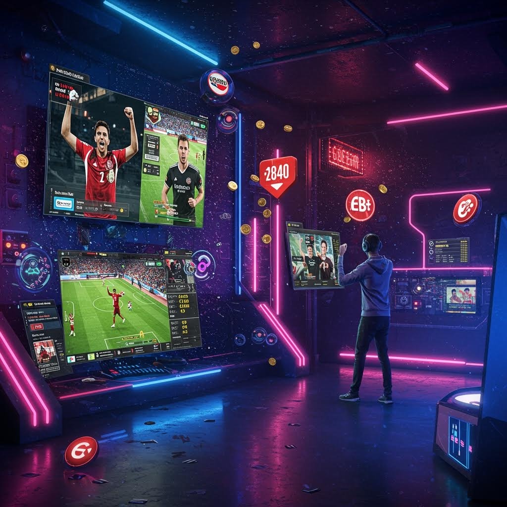 네온 조명이 가득한 공간에서 다양한 축구 경기 화면과 실시간 데이터 분석 보드를 살펴보는 이용자의 모습