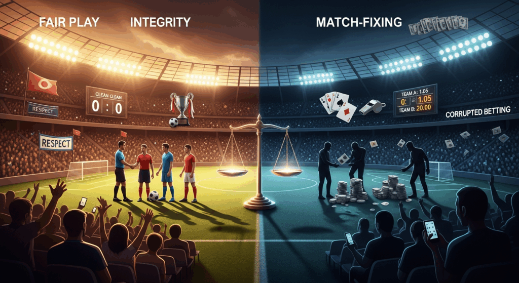공정한 경기와 승부 조작을 대비해 표현한 축구 경기장 장면으로, 한쪽은 페어플레이와 신뢰를, 다른 쪽은 부정 베팅과 위험성을 보여주는 이미지