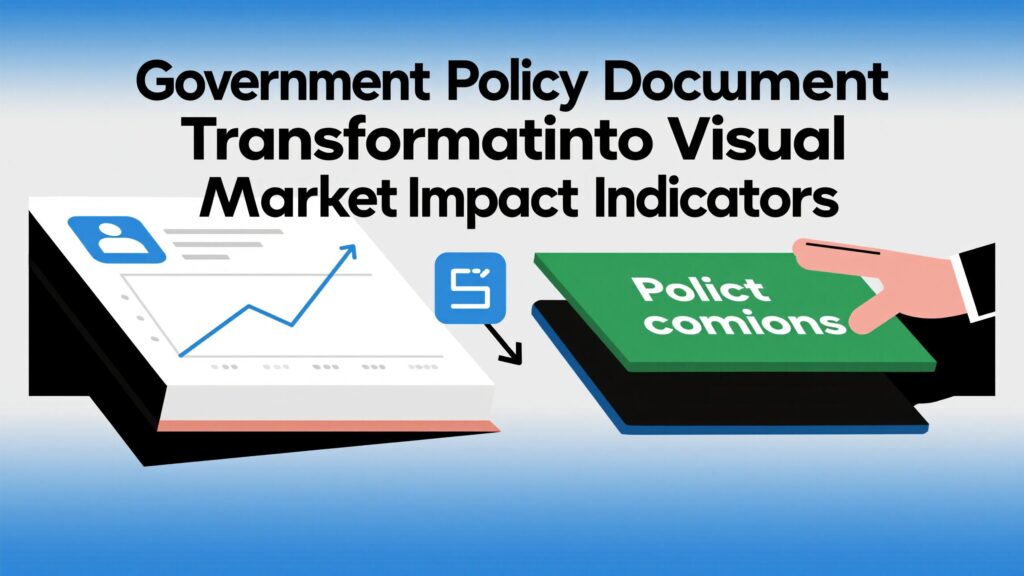 정부 정책 문서를 시각적인 시장 영향 지표로 전환하는 과정을 설명한 일러스트